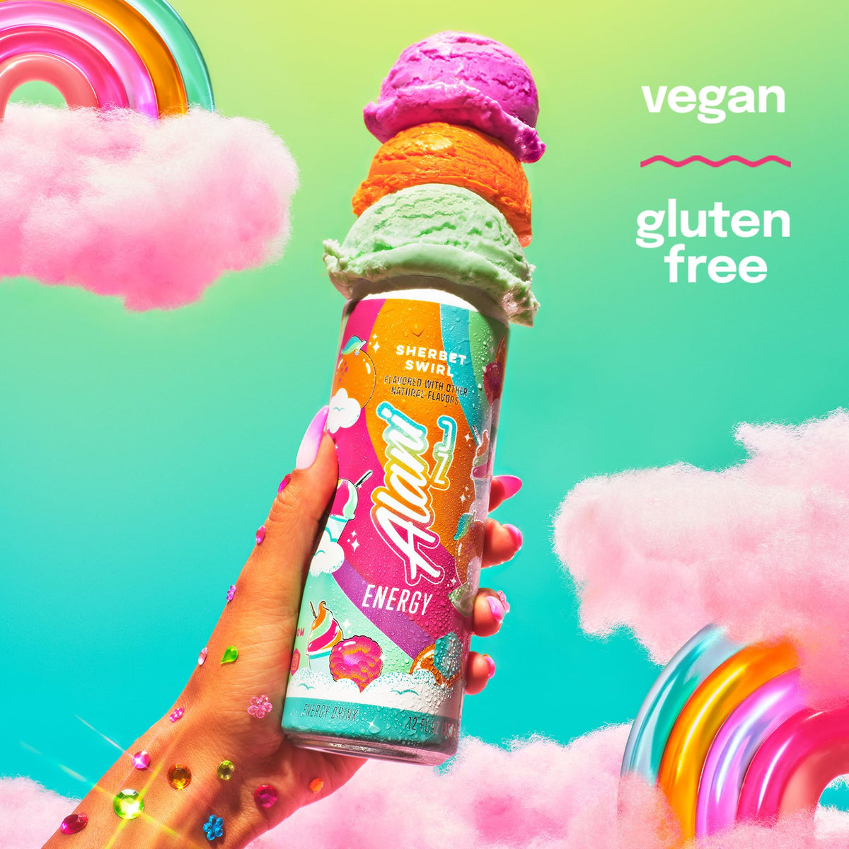 Alani Nu Sherbet Swirl label closeup, highlights 200 mg caffeine and B vitamins for energy support.