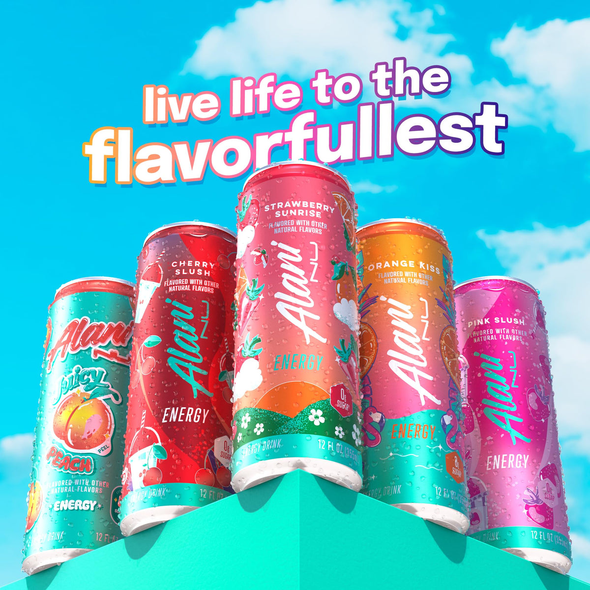 Alani Nu Strawberry Sunrise caffeine-boost graphic conveys sustained daytime energy