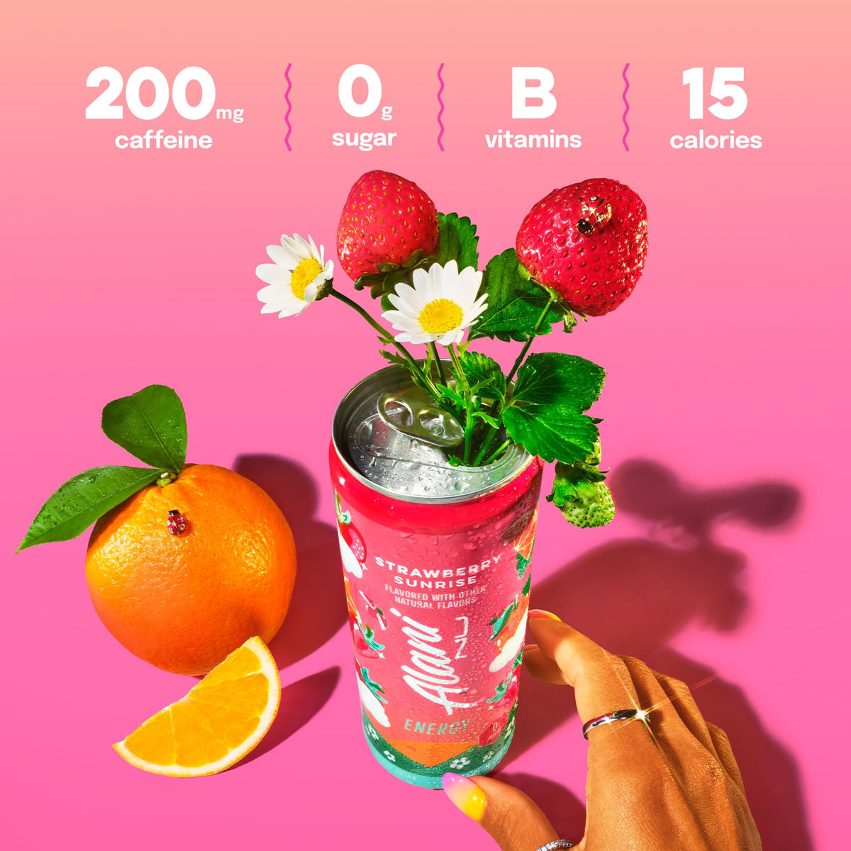Alani Nu Strawberry Sunrise label closeup highlighting zero sugar and low calories