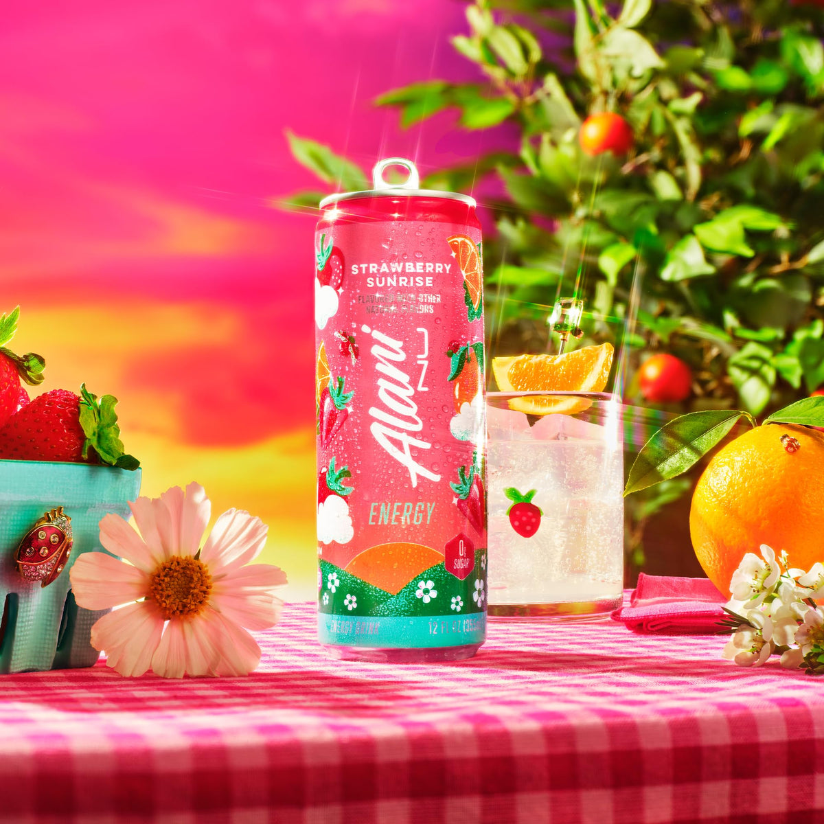 Alani Nu Strawberry Sunrise pack-shot 12-pack emphasizes easy on-the-go energy