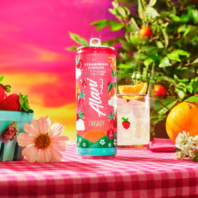 Alani Nu Strawberry Sunrise pack-shot 12-pack emphasizes easy on-the-go energy