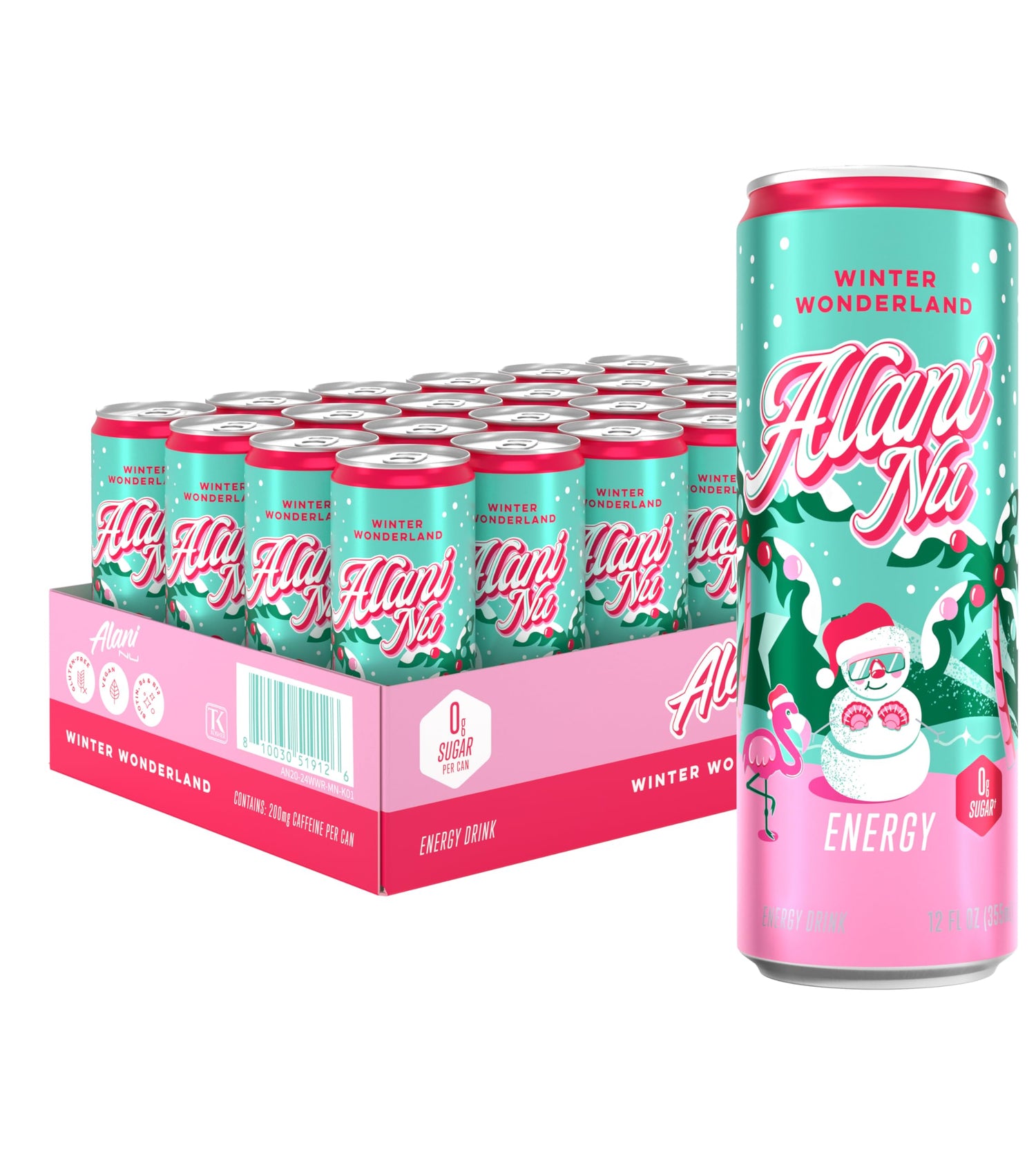 Alani Nu Winter Wonderland can in a snowy setting for a zero-sugar energy boost.
