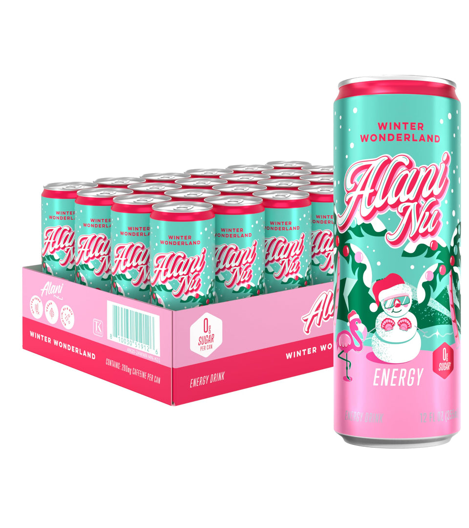 Alani Nu Winter Wonderland can in a snowy setting for a zero-sugar energy boost.