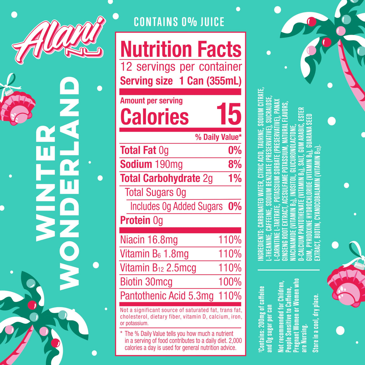 Alani Nu Winter Wonderland Juicy Peach can highlighting flavorful, low-calorie energy.