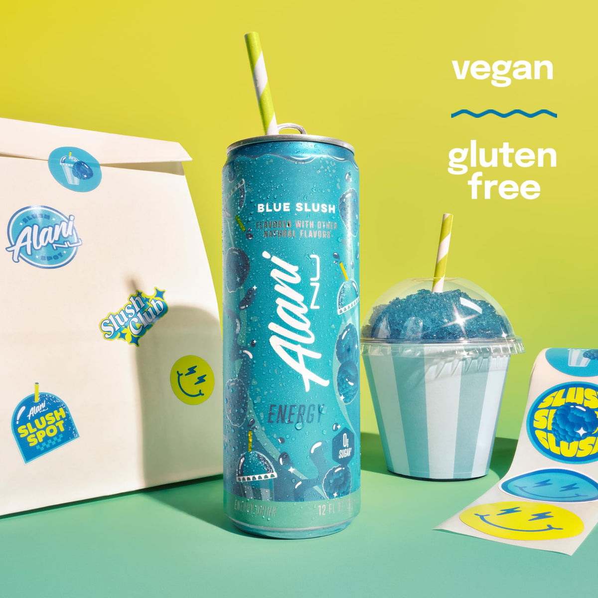 Alani Nu Blue Slush can close-up emphasizes bold branding and zero sugar.