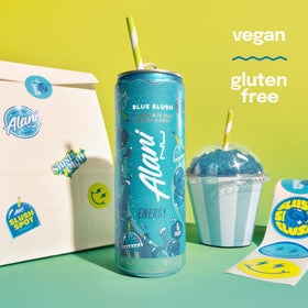 Alani Nu Blue Slush can close-up emphasizes bold branding and zero sugar.