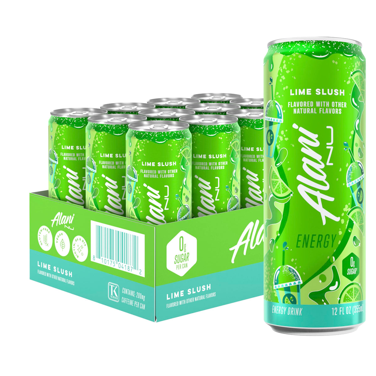 Alani Nu Lime Slush can front view, zero sugar energy boosts your day.