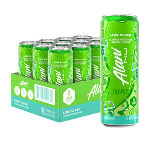 Alani Nu Lime Slush can front view, zero sugar energy boosts your day.