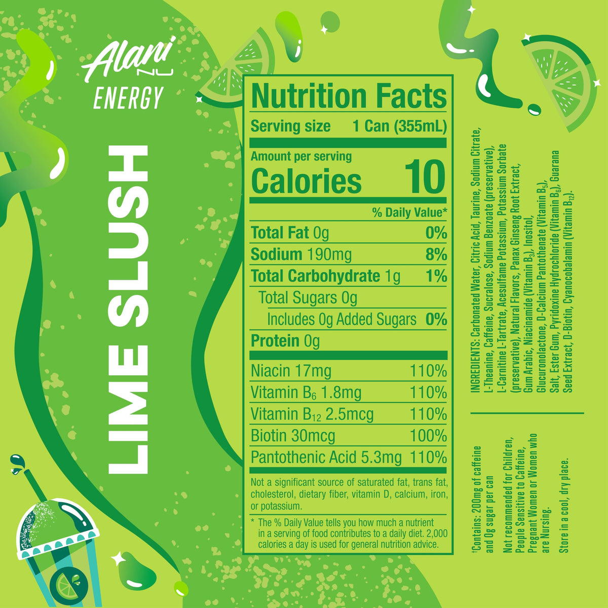 Alani Nu Lime Slush can side view, compact caffeine source for quick focus.