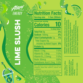 Alani Nu Lime Slush can side view, compact caffeine source for quick focus.