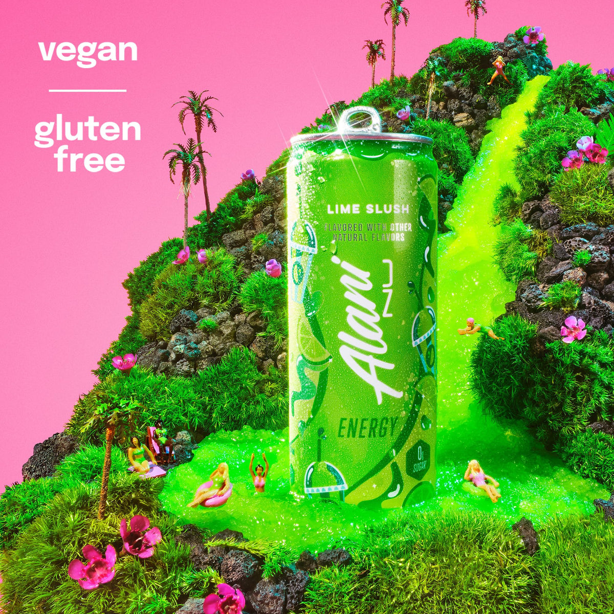 Alani Nu Lime Slush label closeup, vegan and gluten-free ingredients highlighted.