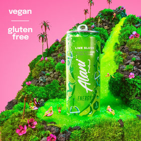 Alani Nu Lime Slush label closeup, vegan and gluten-free ingredients highlighted.