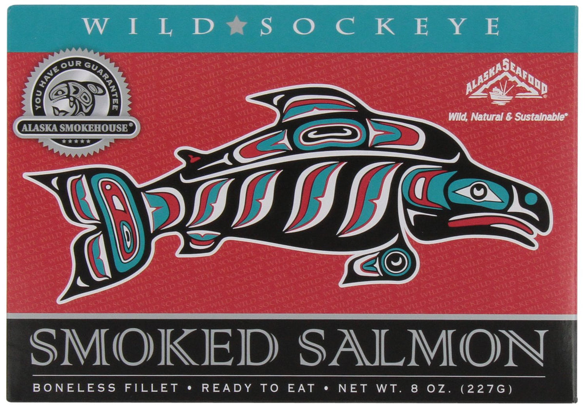 Alaska Smokehouse smoked sockeye fillet in gift box, ideal for entertaining and elegant snacking.