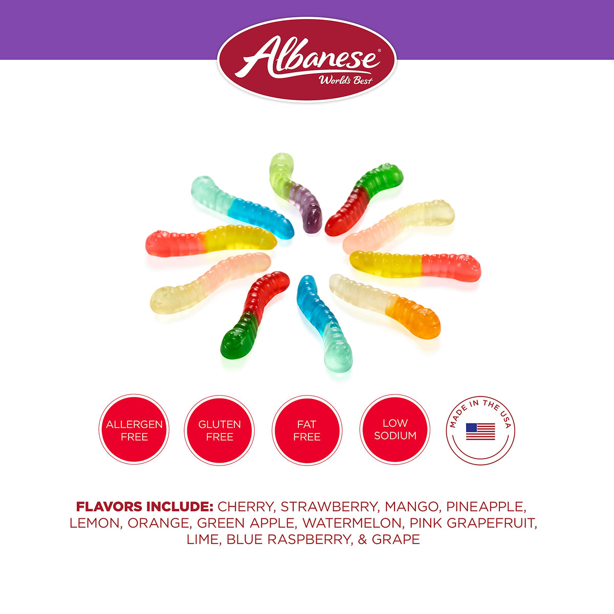 Albanese 12-flavor gummi worm assortment highlighting fruit flavors