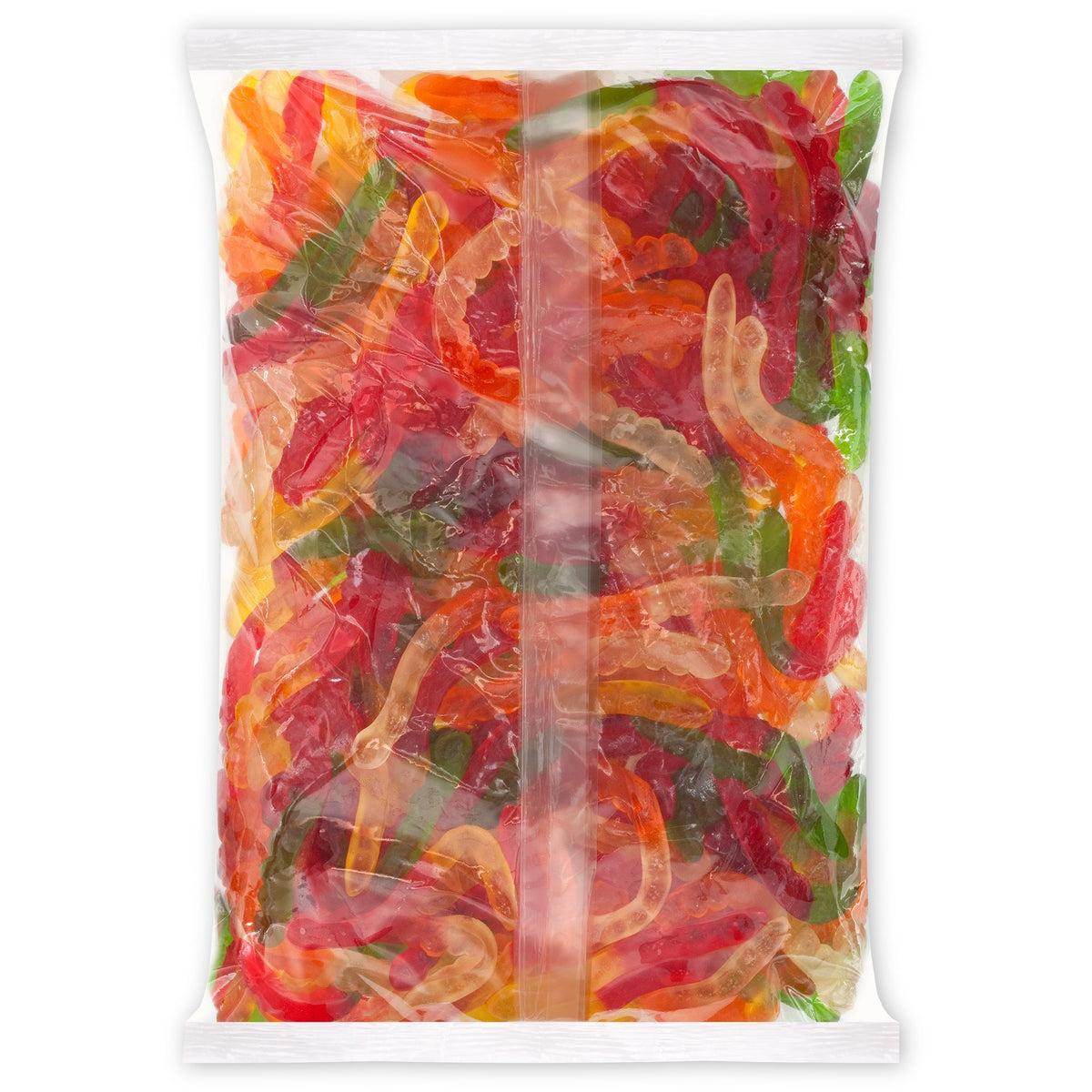 Albanese 5lb bag of large gummy worms shown for party snacking and sharing.
