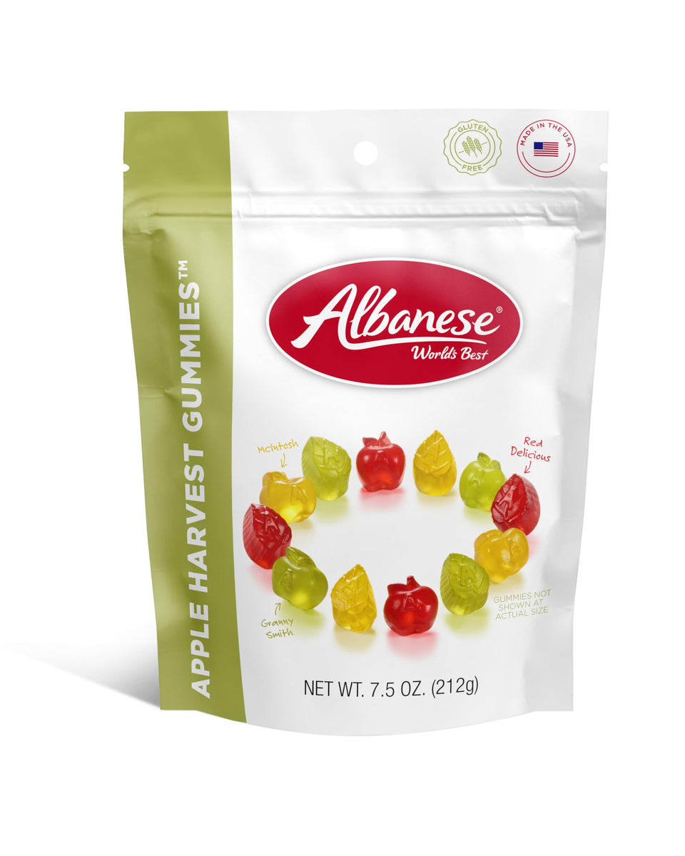 Albanese Apple Harvest Gummies showcase orchard colors for autumn flavor exploration.
