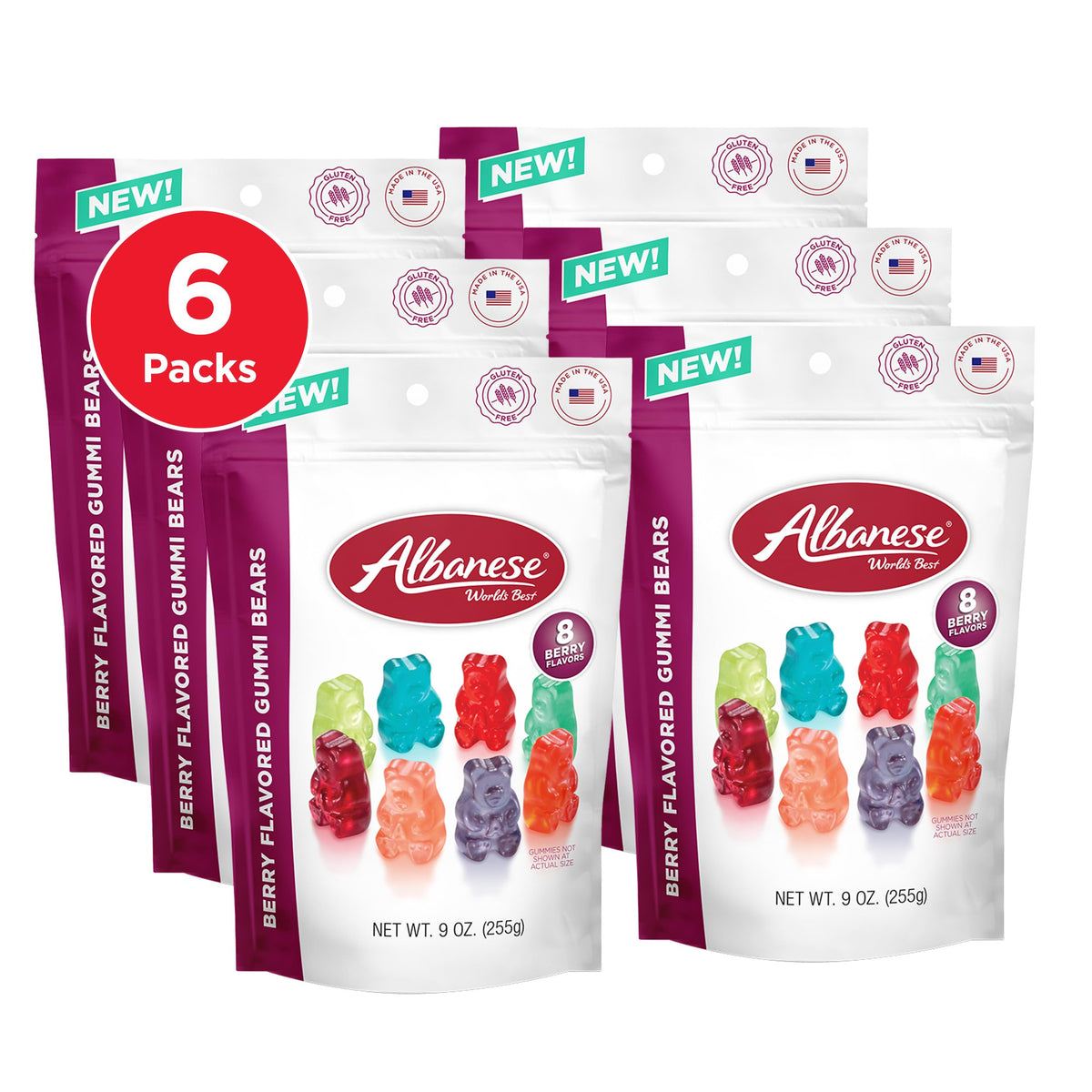 Albanese Berry Flavored Gummi Bears with assorted flavors for on-the-go snacking.