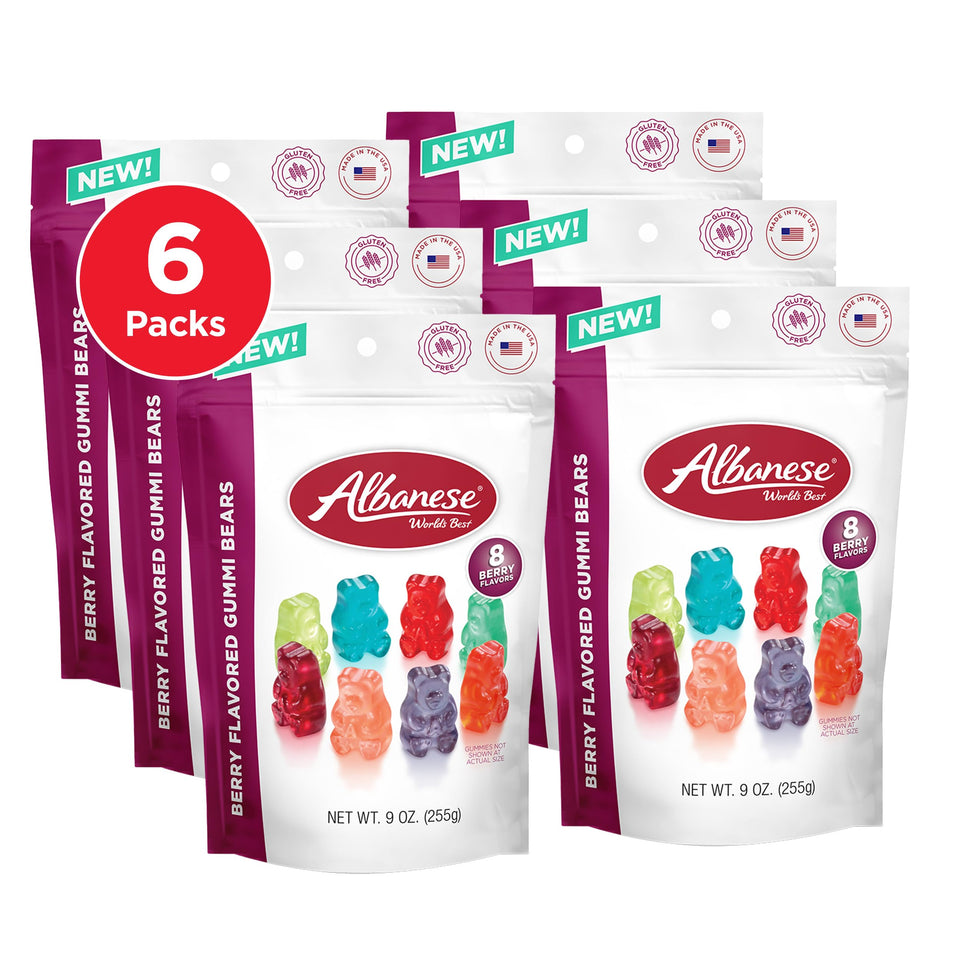 Albanese Berry Flavored Gummi Bears with assorted flavors for on-the-go snacking.