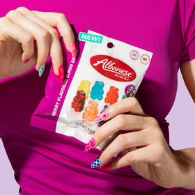 Close-up of Albanese Berry Gummies highlighting glossy candy textures.