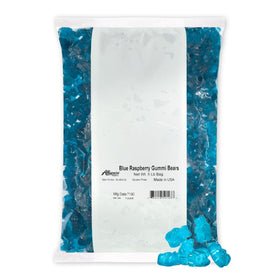 Albanese Blue Raspberry Gummi Bears bag closeup; perfect for sharing at parties.