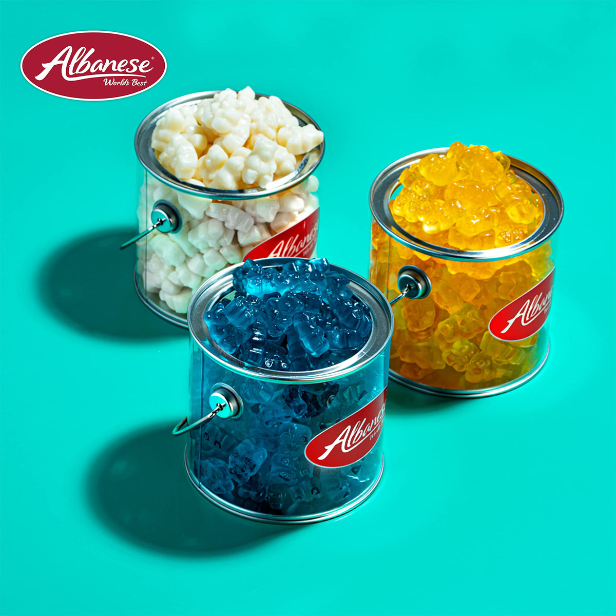 Albanese Blue Raspberry Gummi Bears texture closeup reveals a soft chew.