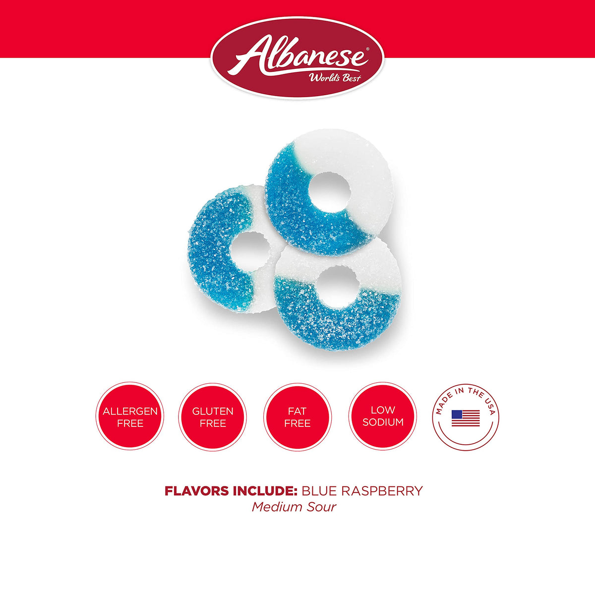 Albanese Blue Raspberry Rings on pantry shelf ready for everyday treats.