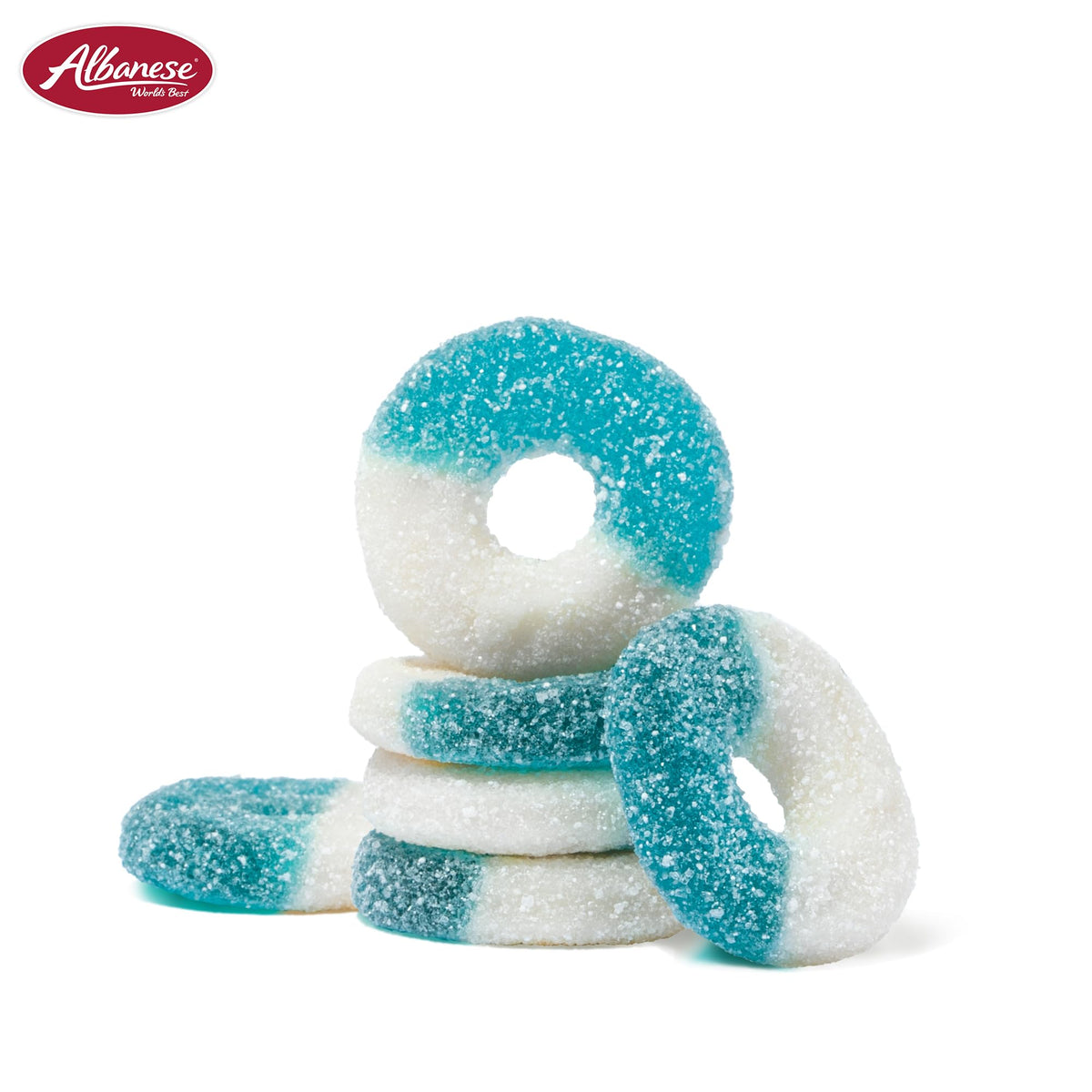 Albanese Blue Raspberry Rings on a party platter for sharing at gatherings.