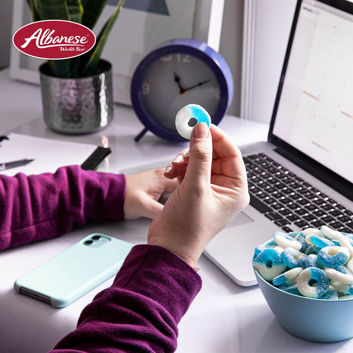Albanese Blue Raspberry Rings sugar-dusted surface emphasizing tangy-sweet bite.