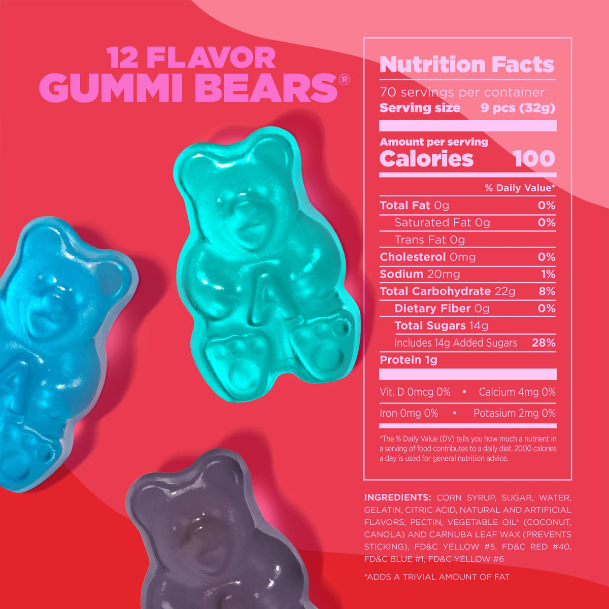 Albanese 12-flavor gummy bears closeup; vibrant colors and soft chew.