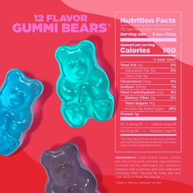Albanese 12-flavor gummy bears closeup; vibrant colors and soft chew.