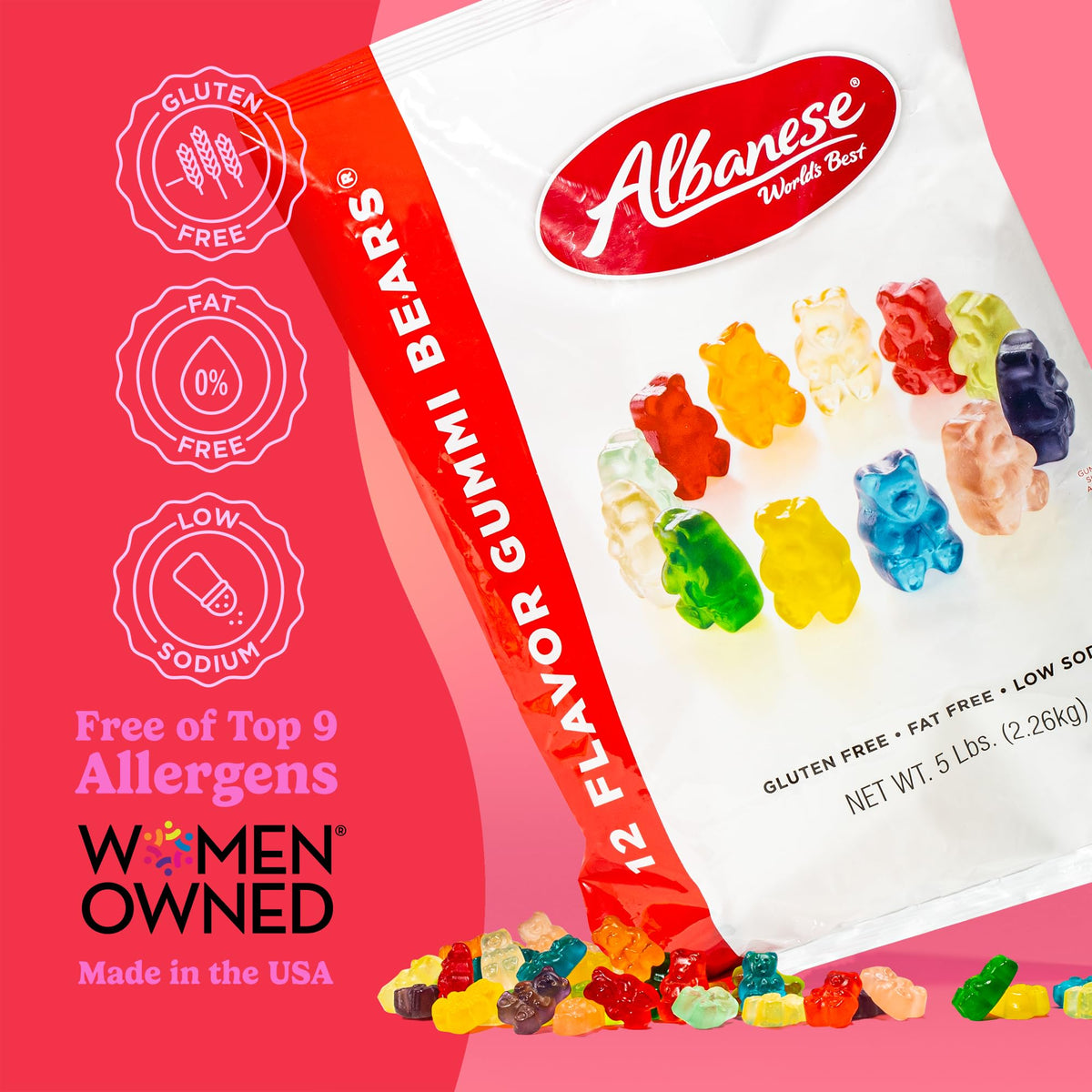 Albanese gummy bears pouring; ready for sharing at gatherings.