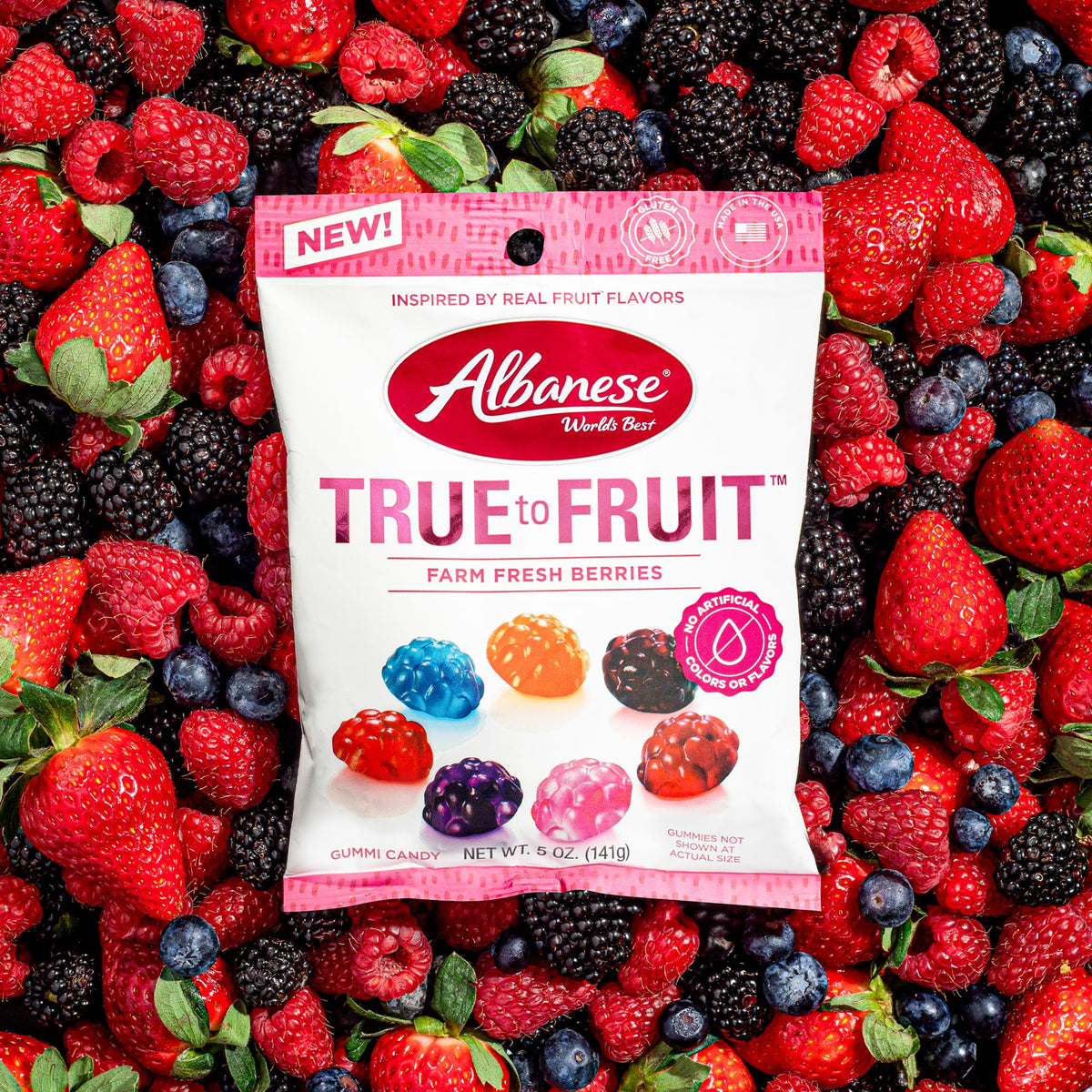 Albanese Concord Grape gummy close-up, classic grape flavor and soft chew.