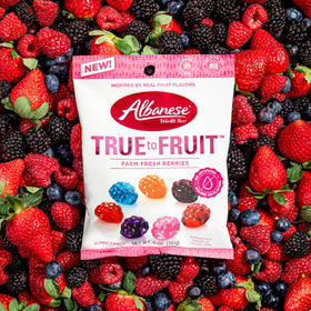 Albanese Concord Grape gummy close-up, classic grape flavor and soft chew.