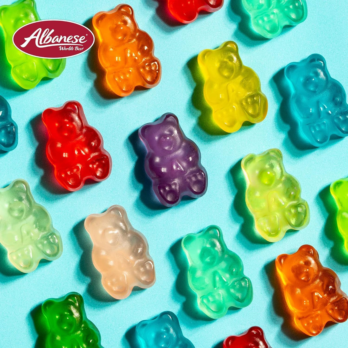 Albanese Exotic Fruits Gummies bag open, showcasing colorful pieces.