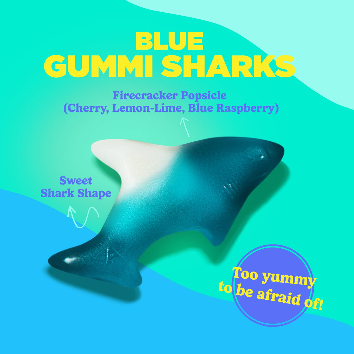 Firecracker Pop flavor blend of cherry, lemon-lime, and blue raspberry in shark shapes.