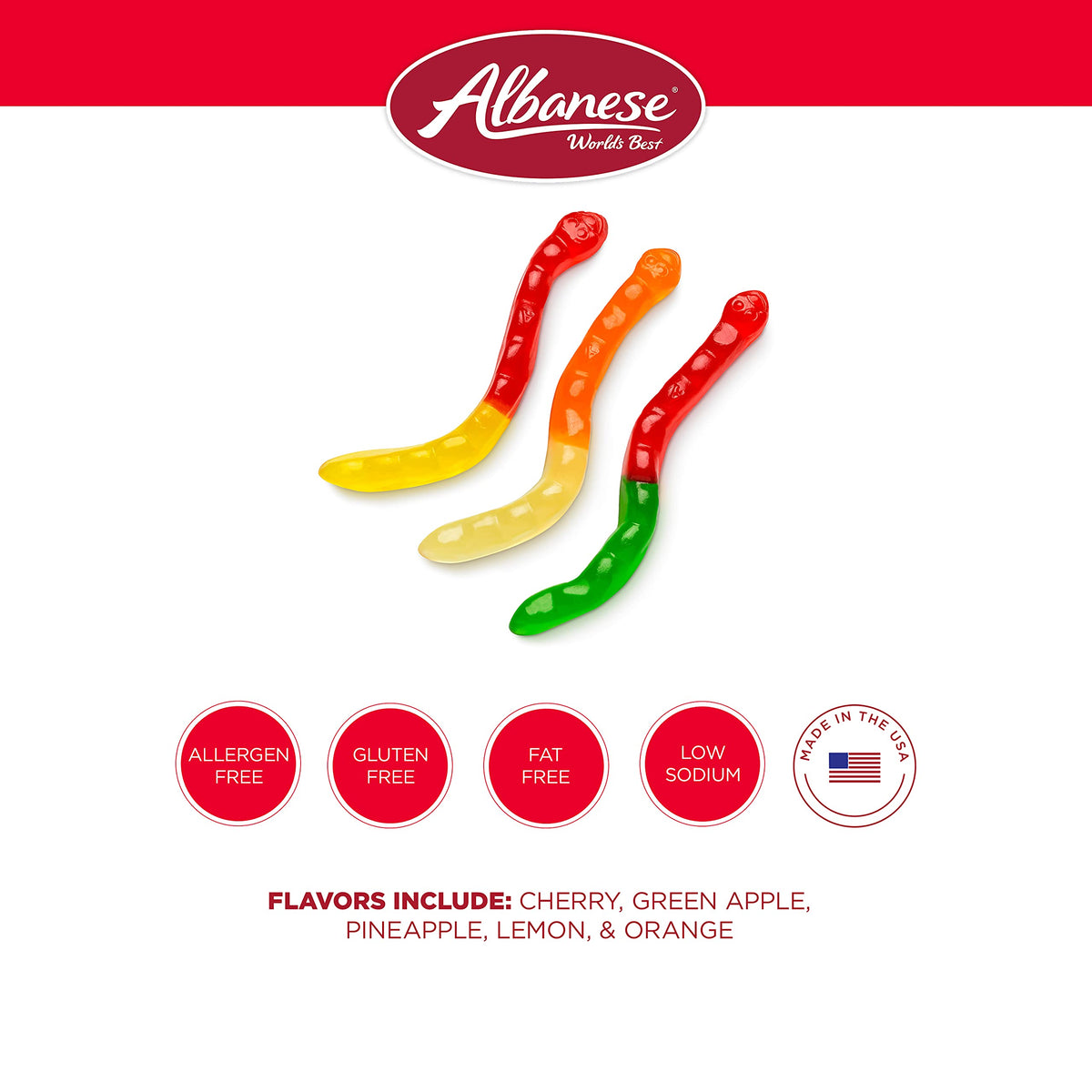 Albanese flavor assortment featuring cherry, green apple, pineapple, lemon, and orange for fruit-forward snacking.