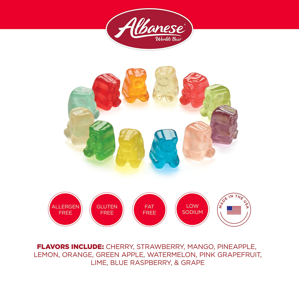 Albanese fruit-flavor gummi bears mix with vibrant colors.