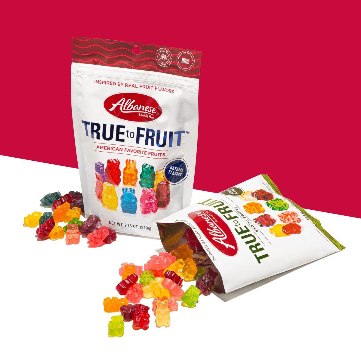 albanese true to fruit gummies showcase glossy texture and bright tones