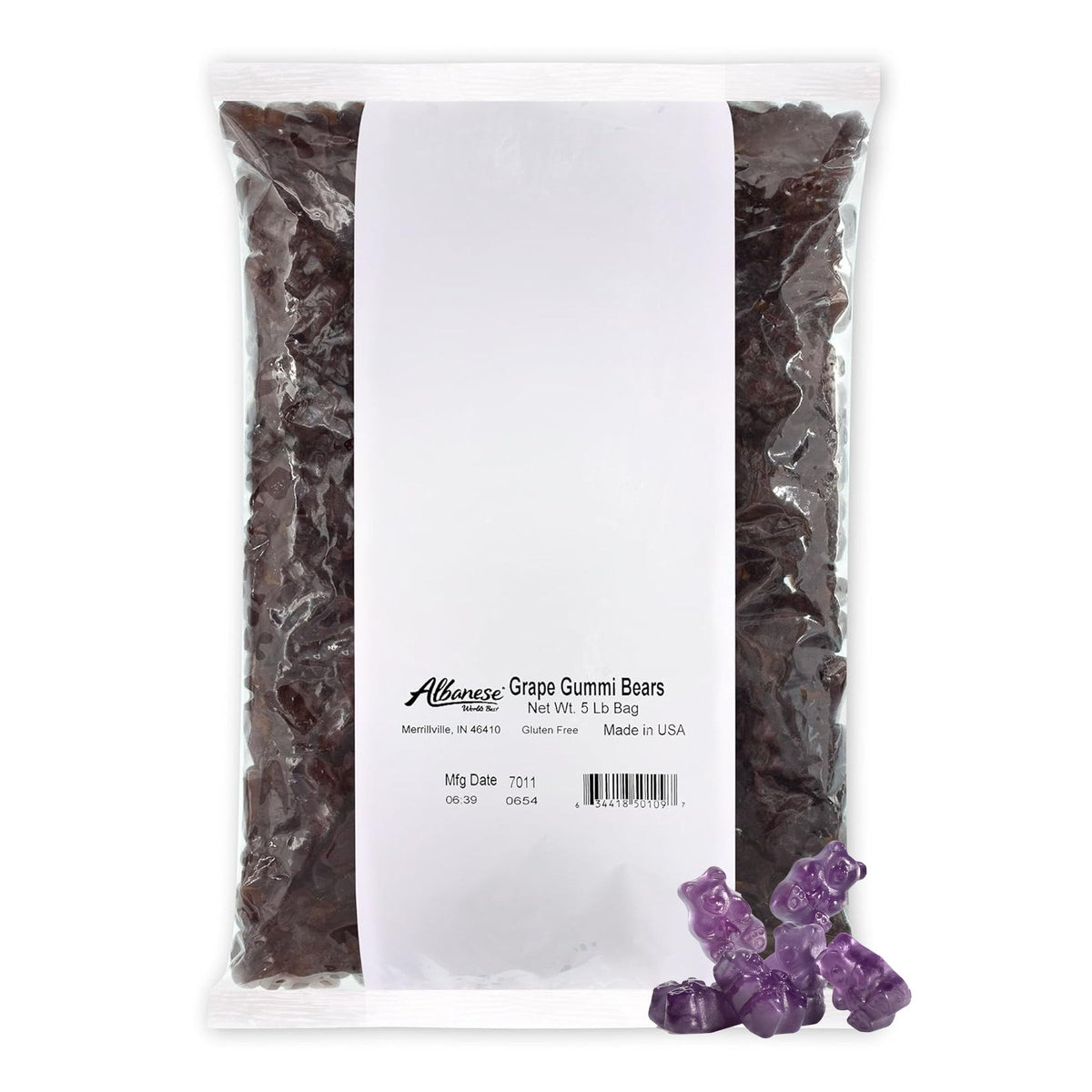 Albanese Grape Gummi Bears 5lb bag showing juicy fruit gummies with soft, chewy texture.