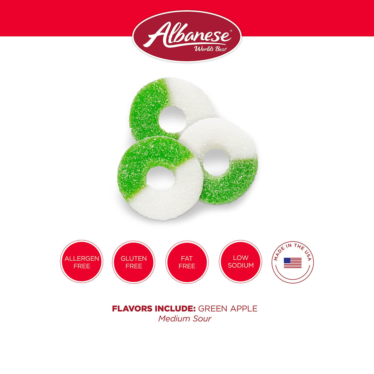 Allergen-free Albanese Gummi Apple Rings promote inclusive snacking.