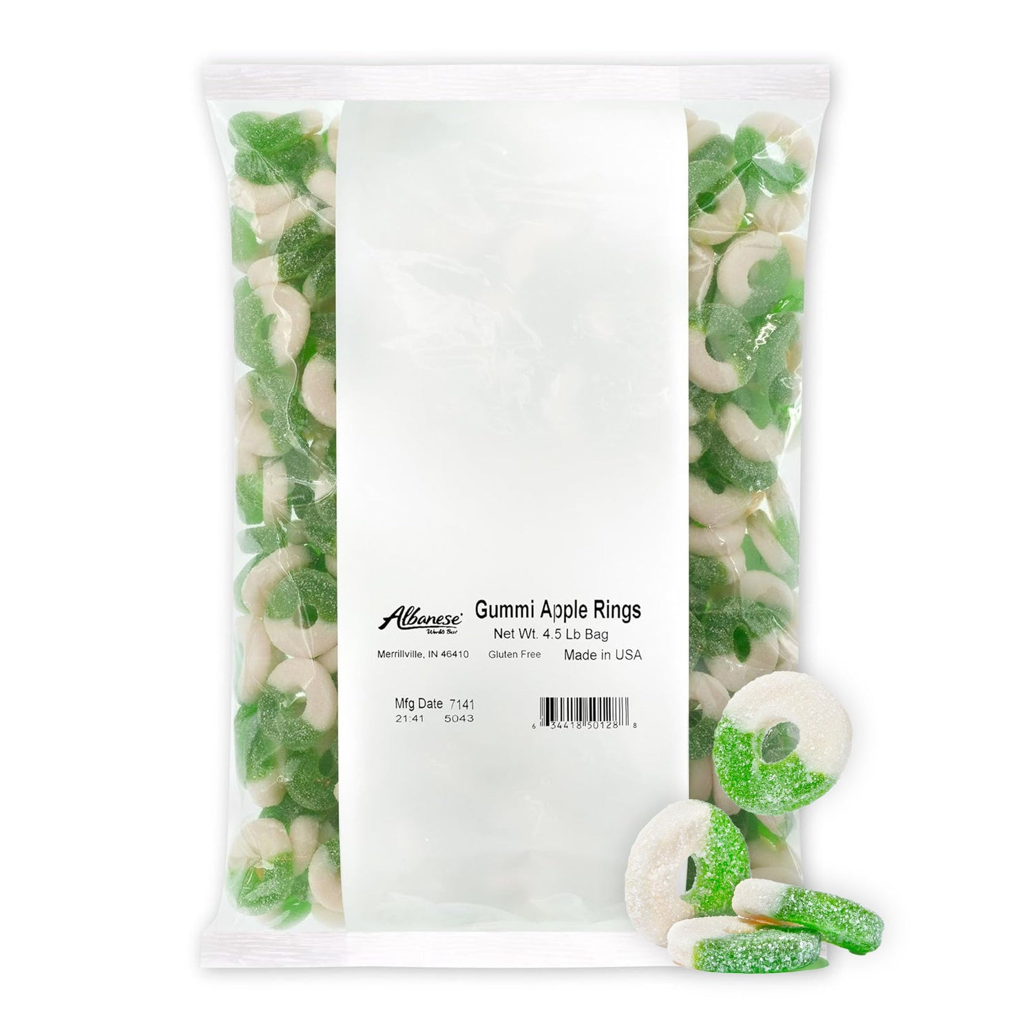 Albanese Gummi Apple Rings bag shows bold apple flavor, ideal for pantry stocking.