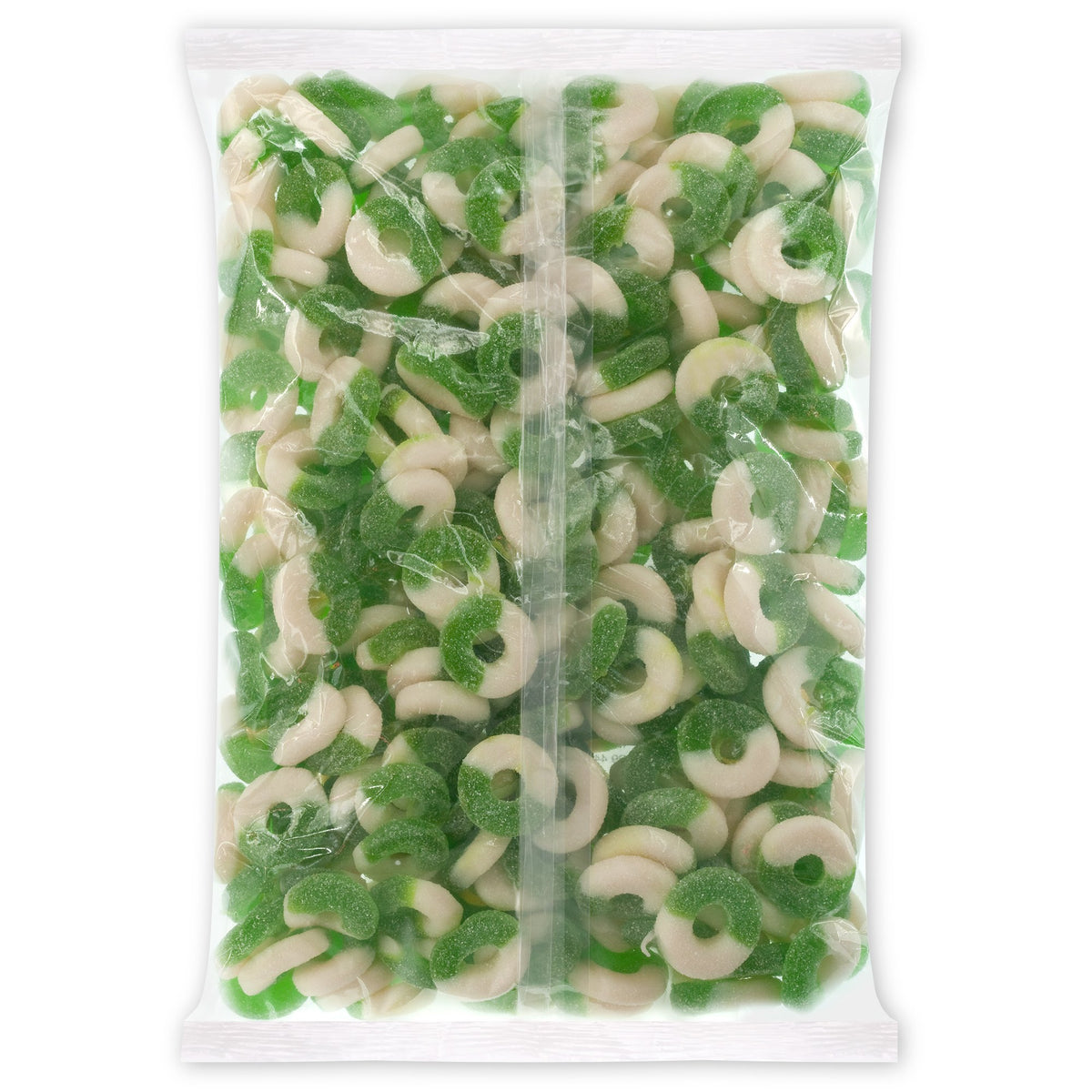 Closeup of Albanese Gummi Apple Rings highlighting soft chew and sugar dust.