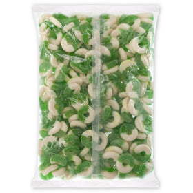Closeup of Albanese Gummi Apple Rings highlighting soft chew and sugar dust.