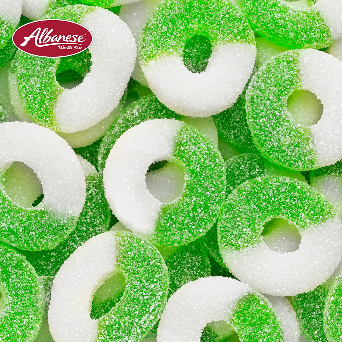 Packaging shot of Albanese Gummi Apple Rings emphasizing gluten-free and fat-free claims.