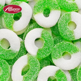 Packaging shot of Albanese Gummi Apple Rings emphasizing gluten-free and fat-free claims.
