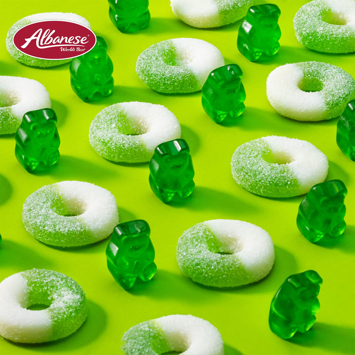 Texture view of Albanese Gummi Apple Rings with juicy bite and smooth chew.