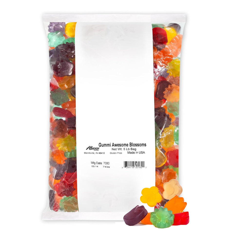 Albanese Gummi Awesome Blossoms bag, showcasing a colorful fruit-flavored assortment for sharing
