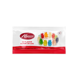 Close-up of Albanese gummi bears highlighting their soft chew and shiny coating.