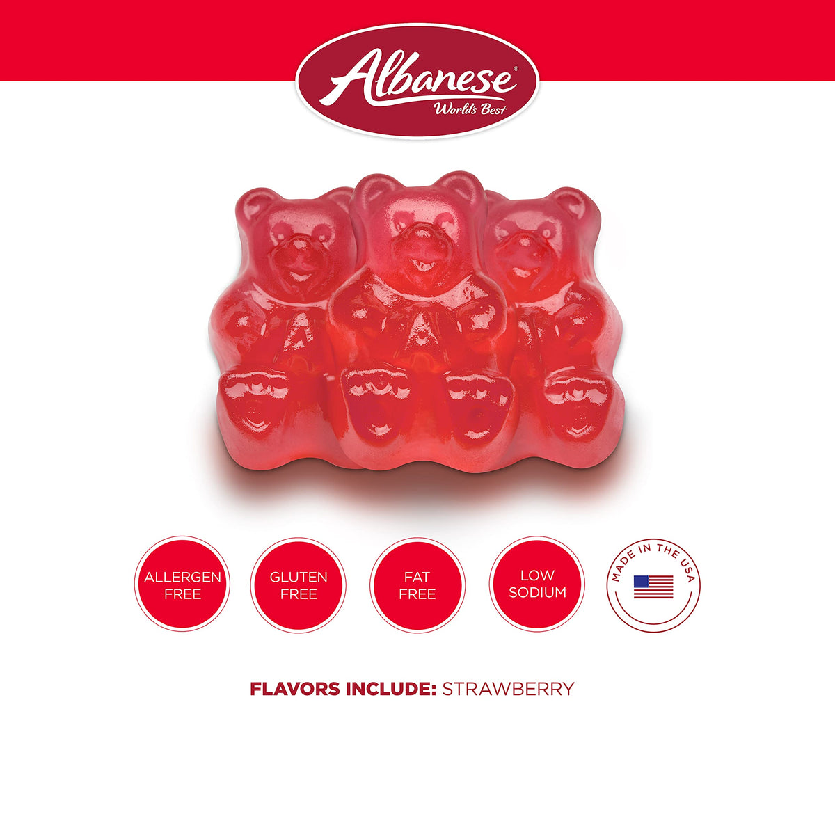 Albanese gummy bears variety of fruit flavors visible in bag