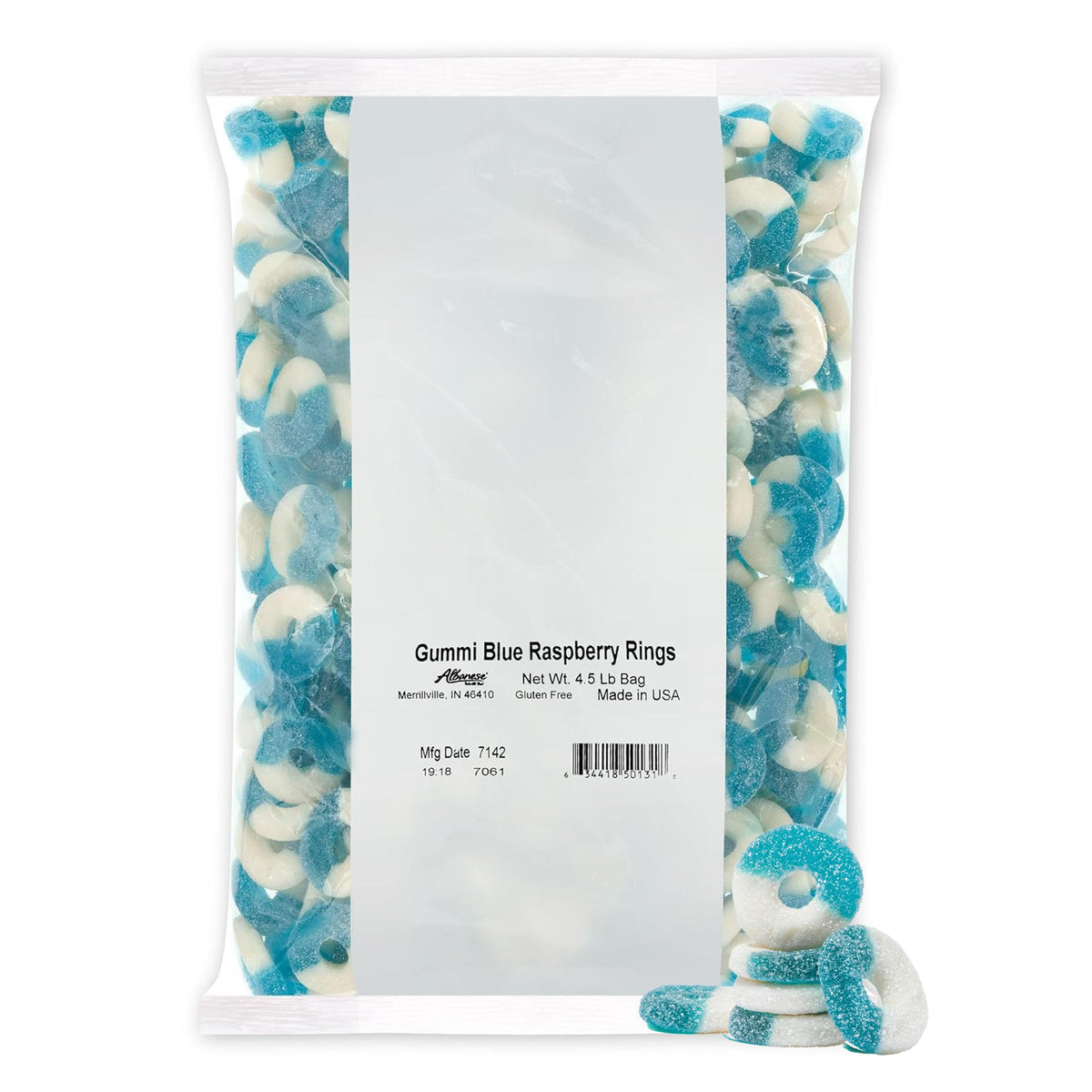 Albanese Gummi Blue Raspberry Rings in a bag show bold flavor for snacking.